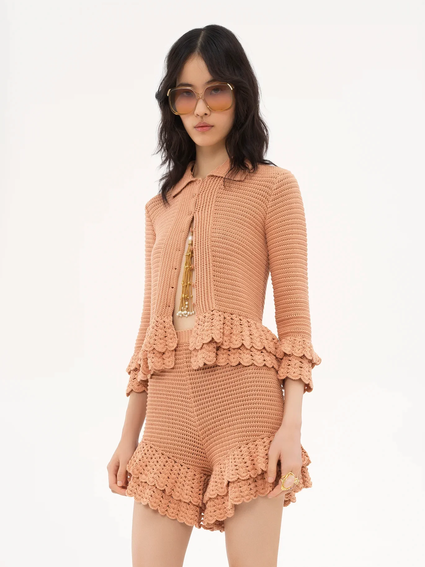 Chloé - Fitted Ruffled Cardigan In Crochet Knit in Cheek - Image 3