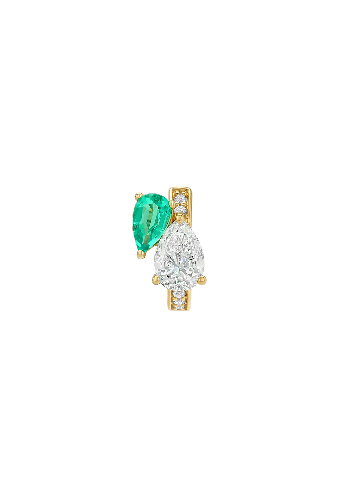 Dorsey - 14K DOUBLE PEAR - CUT HUGGIE EARRING IN LAB DIAMOND AND PETITE LAB EMERALD, 14K YELLOW GOLD