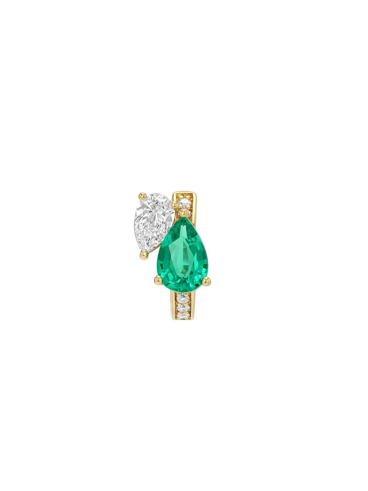 Dorsey - 14K DOUBLE PEAR - CUT HUGGIE EARRING IN LAB EMERALD AND PETITE LAB DIAMOND, 14K YELLOW GOLD