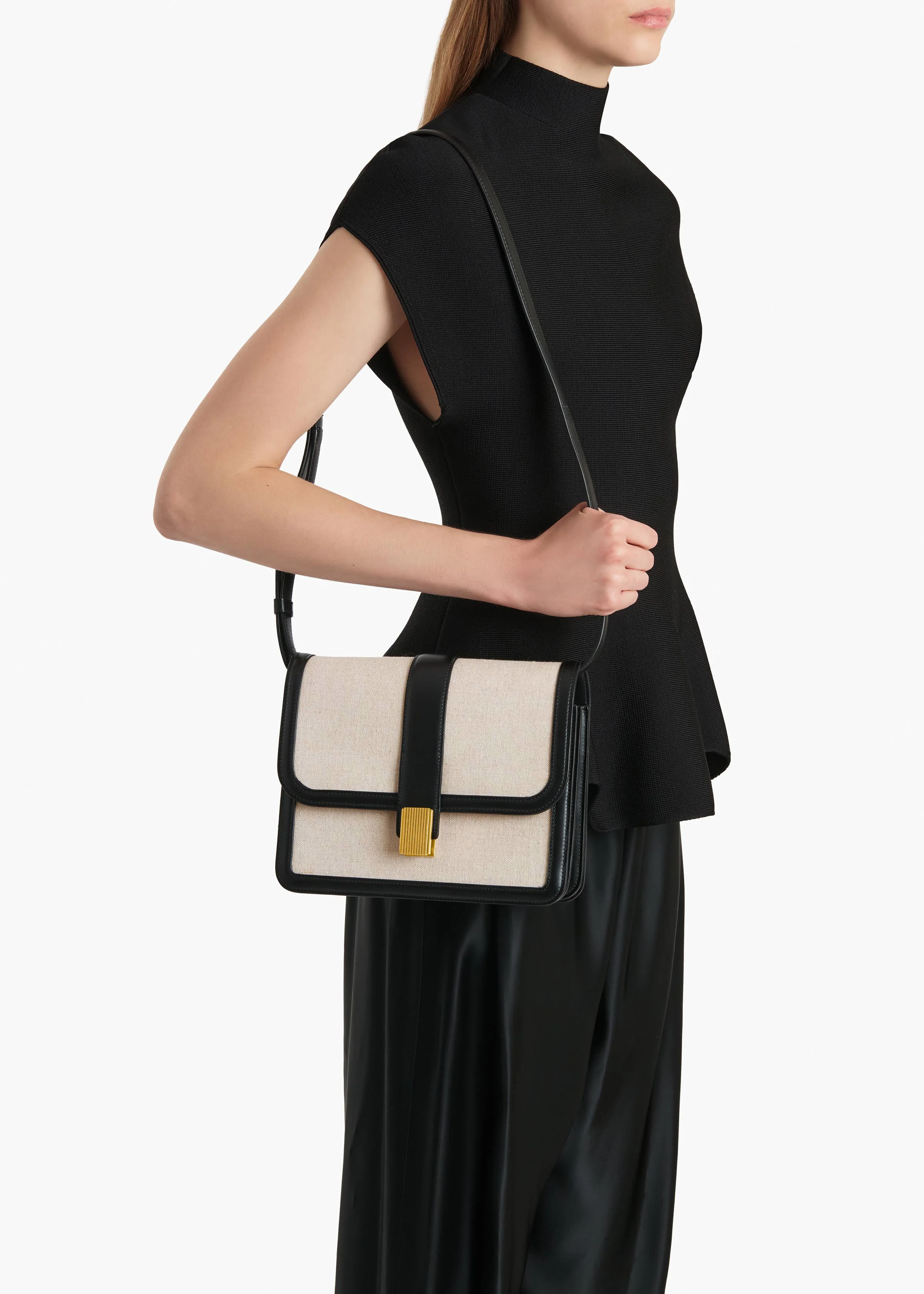 Khaite - Blake Crossbody Bag in Black Leather with Natural Canvas - Image 5