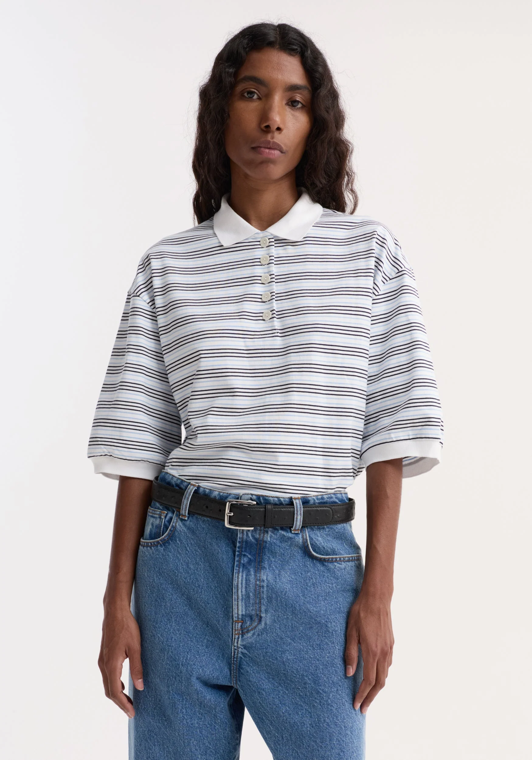 ROHE - Striped oversized polo | white / blue multi stripe - Image 2