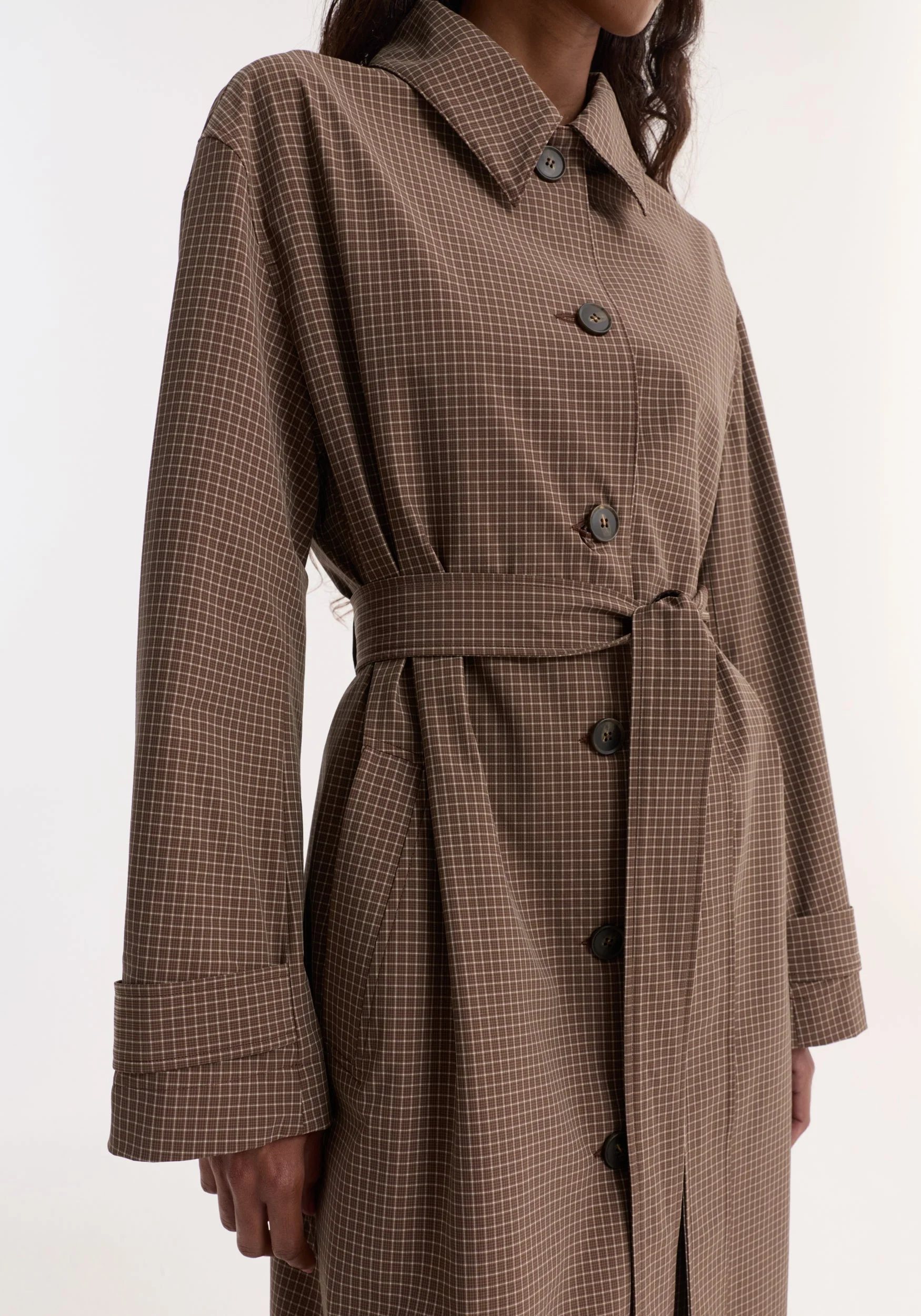 ROHE - Technical check belted coat | brown multi check - Image 5